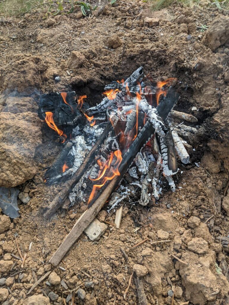 Un feu est allumé sur le pot de peinture rempli de bouleau.